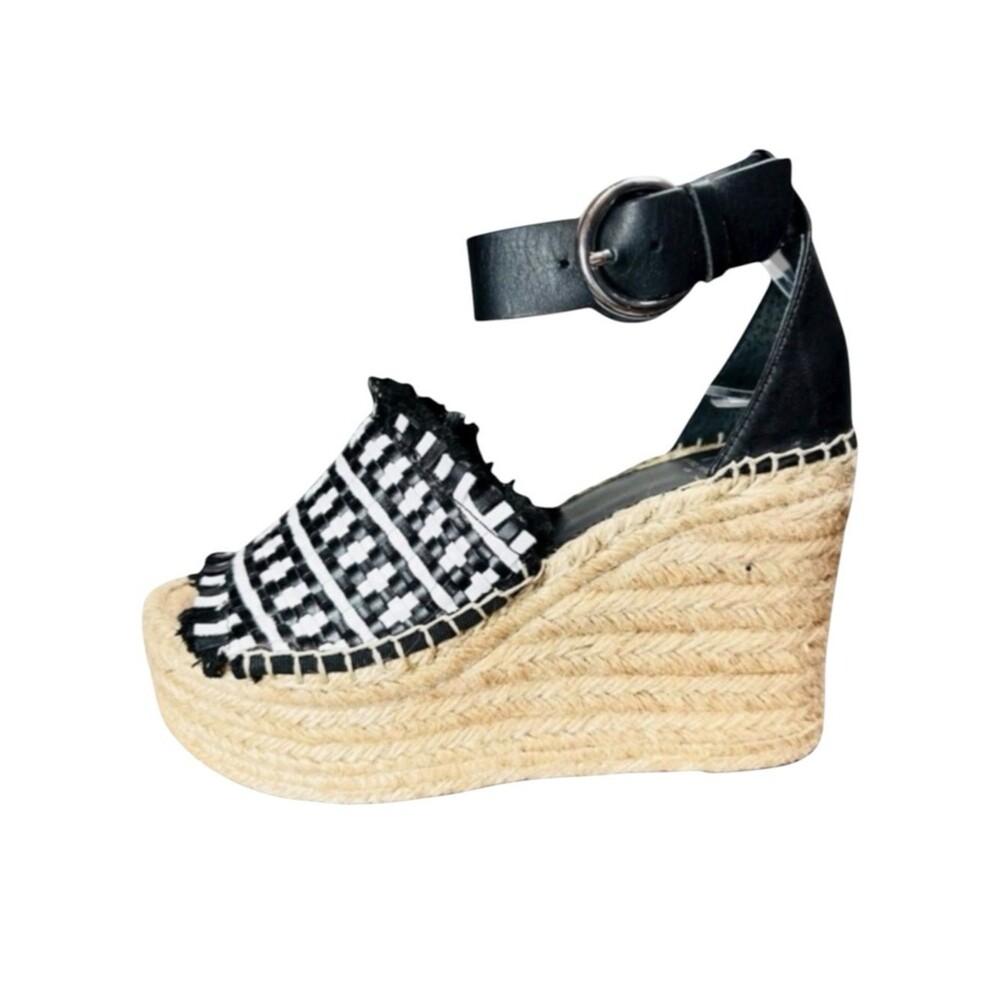 Marc Fisher Andrew Espadrille Wedge Sandals Black White Woven Platform Sz 6 Euro